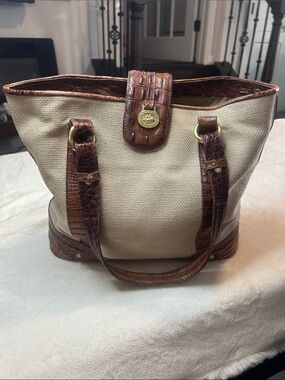 Brahmin Beige Canvas Tote with Brown Croc-Trim and Gold Accent